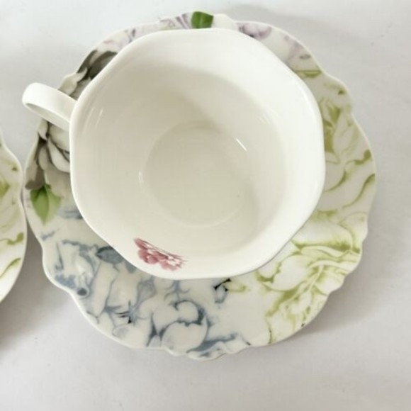 Pulchritudie Eileen's Peony set of 2 teacups & saucers Pink Blue Green 3 in - Picture 10 of 15